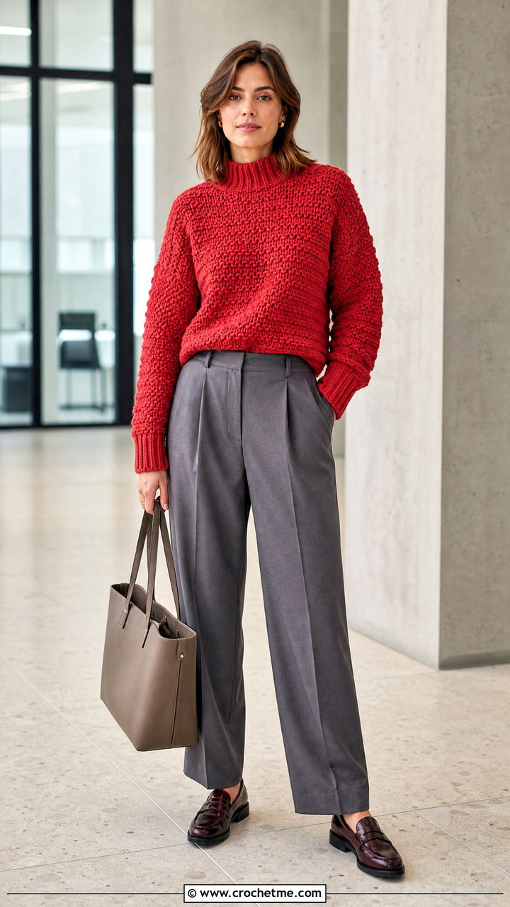Mock Neck Chunky Crochet Sweater With Pleated Work Trousers - 35 chunky crochet sweater outfit ideas