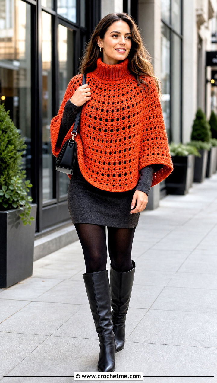 Mock Neck Circle Poncho With Mini Dress - 25 Crochet Circle Poncho outfit ideas