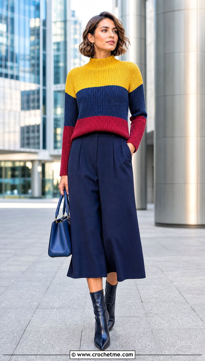 Mock Neck Color Block Crochet Sweater With Culottes - 25 Color Block Crochet Sweater outfit ideas