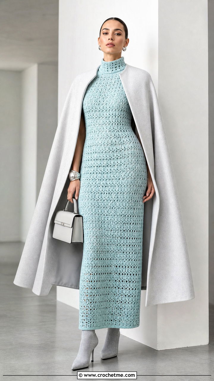 Mock Neck Column Crochet Winter Dress With Cape Coat - 35 crochet winter dress outfit ideas