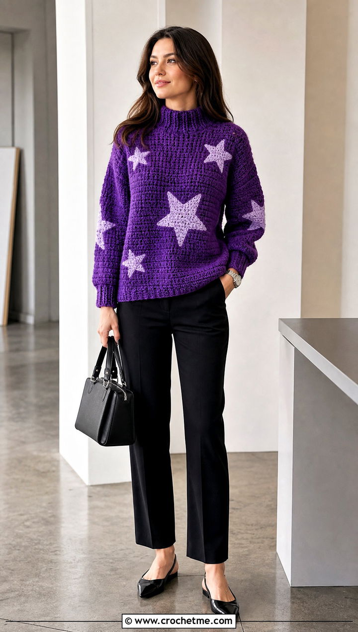 Mock Neck Coraline Star Crochet Sweater With Black Tailored Pants - 25 coraline crochet sweater outfit ideas