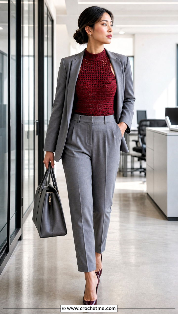 Mock Neck Crochet Army Tank With Suit Pants - 30 crochet army tank outfit ideas
