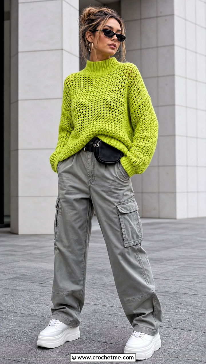 Mock Neck Crochet Baggy Sweater With Cargo Pants - 30 crochet baggy sweater outfit ideas