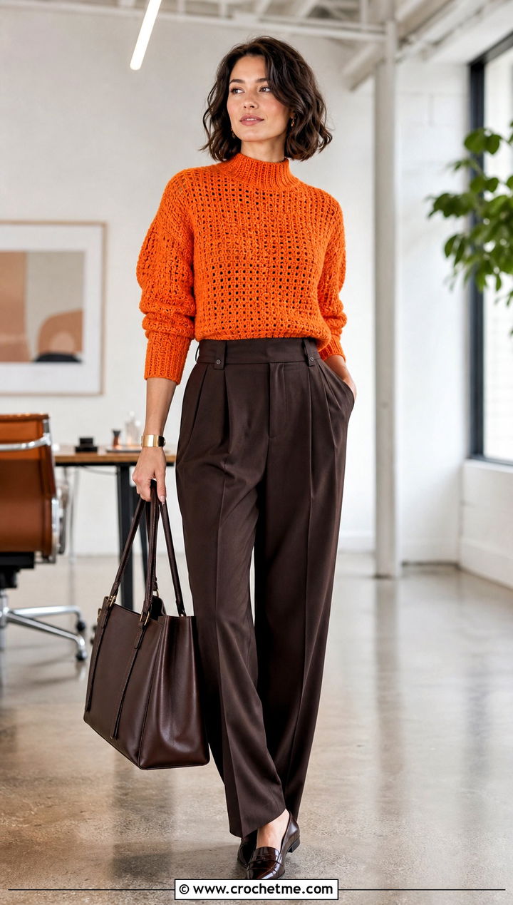 Mock Neck Crochet Barbie Sweater With Pleated Trousers - 25 crochet barbie sweater outfit ideas
