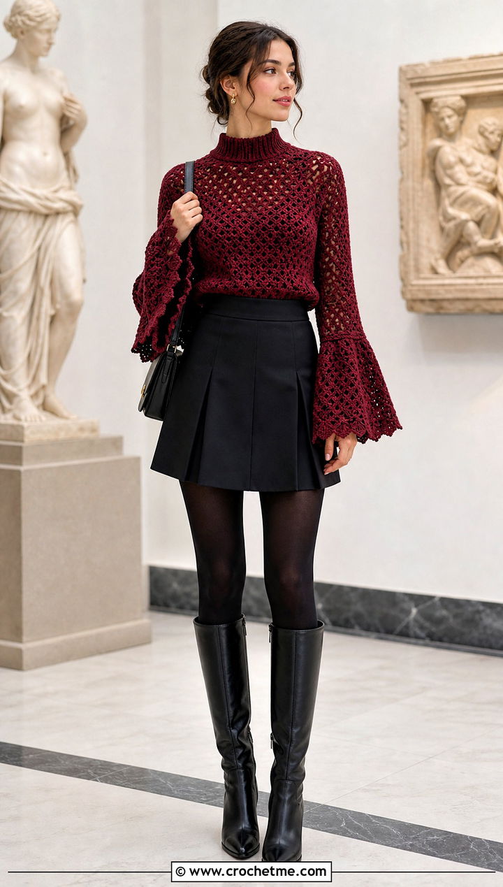 Mock Neck Crochet Bell Sleeve Sweater With Mini Skirt And Boots - 25 crochet bell sleeve sweater outfit ideas