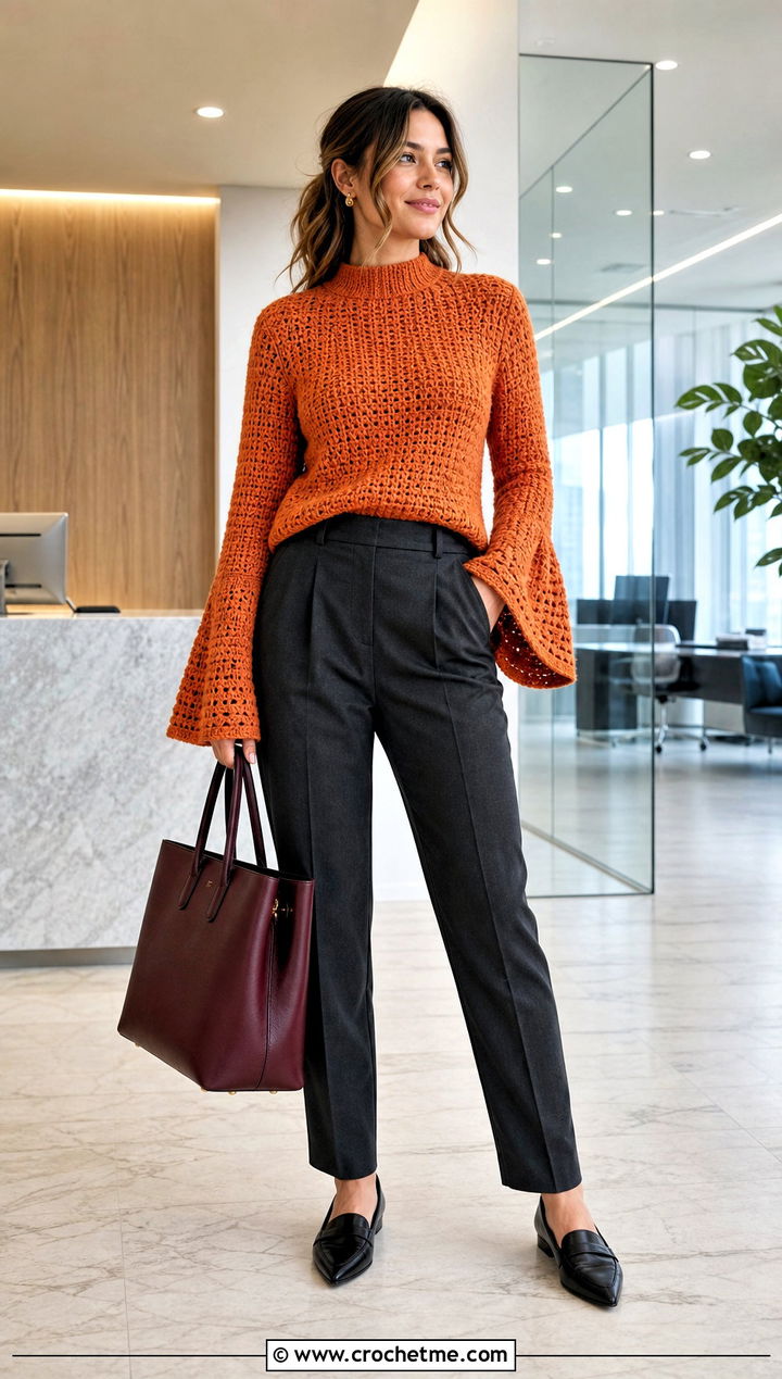 Mock Neck Crochet Bell Sleeve Sweater With Tailored Trousers - 25 Crochet Sweater With Bell Sleeves outfit ideas