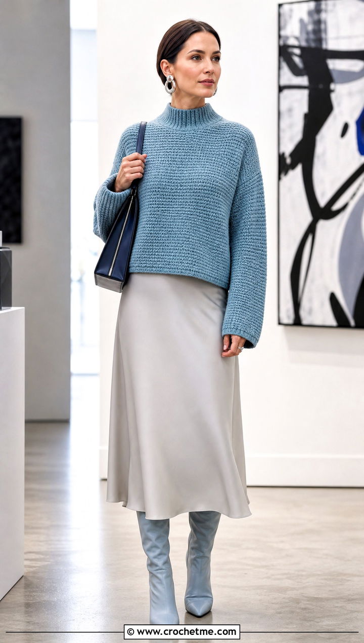 Mock Neck Crochet Boxy Sweater With Bias Cut Skirt - 25 Crochet Boxy Sweater outfit ideas