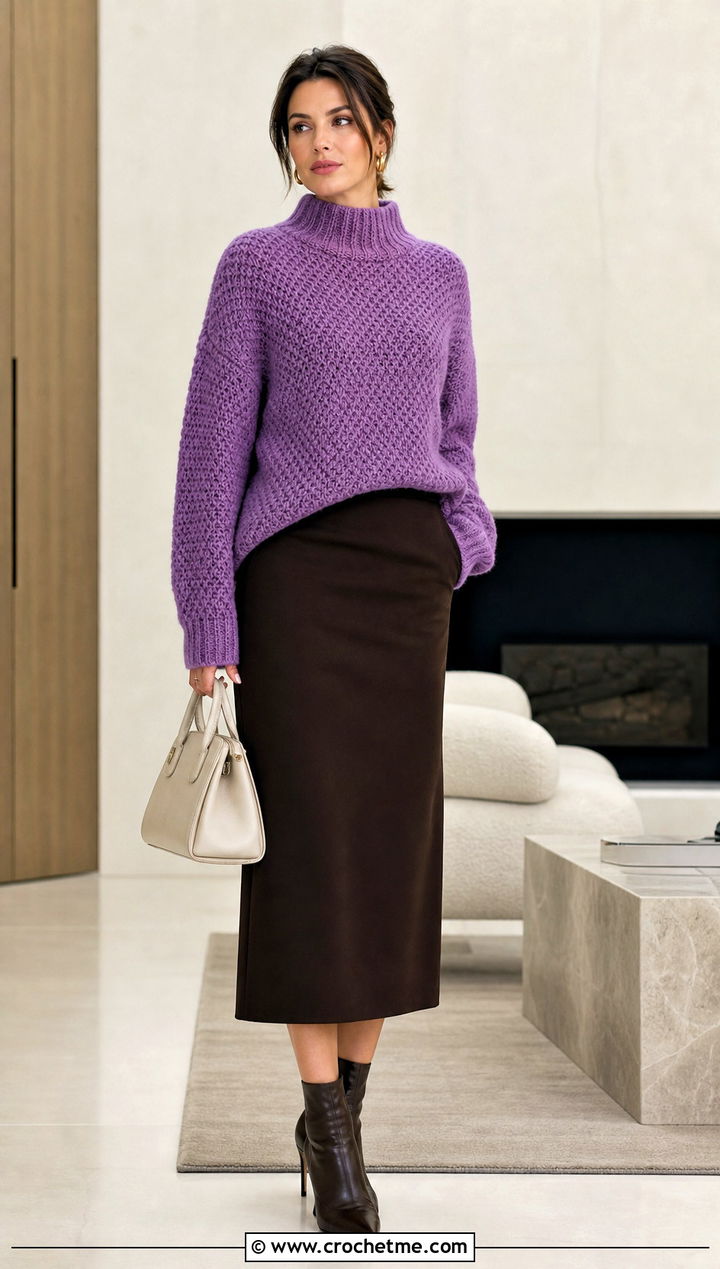 Mock Neck Crochet Boyfriend Sweater With Column Skirt - 30 crochet boyfriend sweater outfit ideas