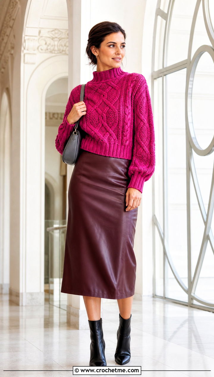 Mock Neck Crochet Cable Sweater With Leather Midi Skirt - 25 Cable Knit Crochet Sweater outfit ideas