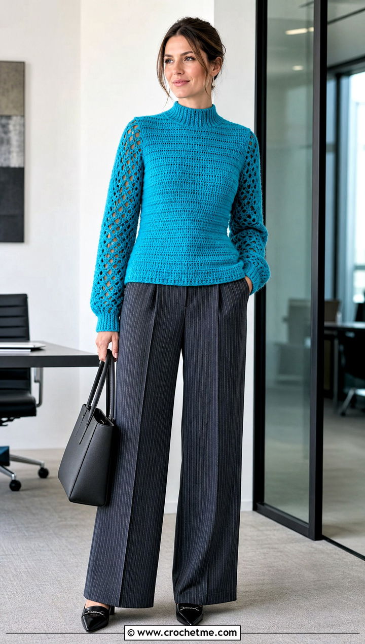 Mock Neck Crochet Cashmere Sweater With Pinstripe Pants - 30 crochet cashmere sweater outfit ideas