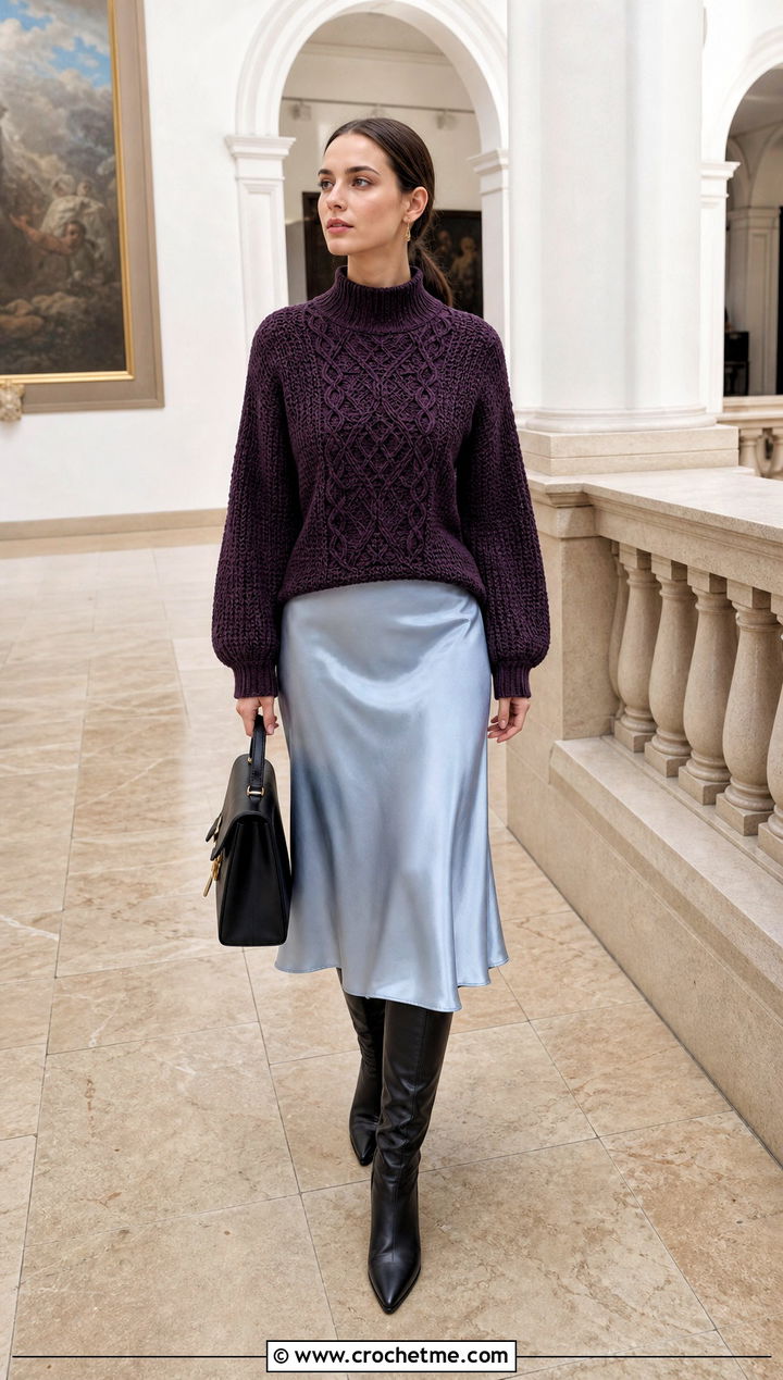 Mock Neck Crochet Celtic Sweater With Slip Dress - 15 Crochet Celtic Sweater outfit ideas