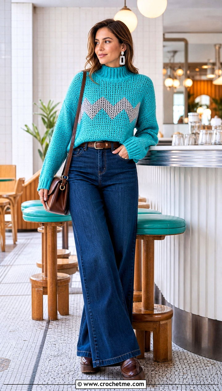 Mock Neck Crochet Charlie Brown Sweater With Wide Leg Jeans - 15 Crochet Charlie Brown Sweater outfit ideas
