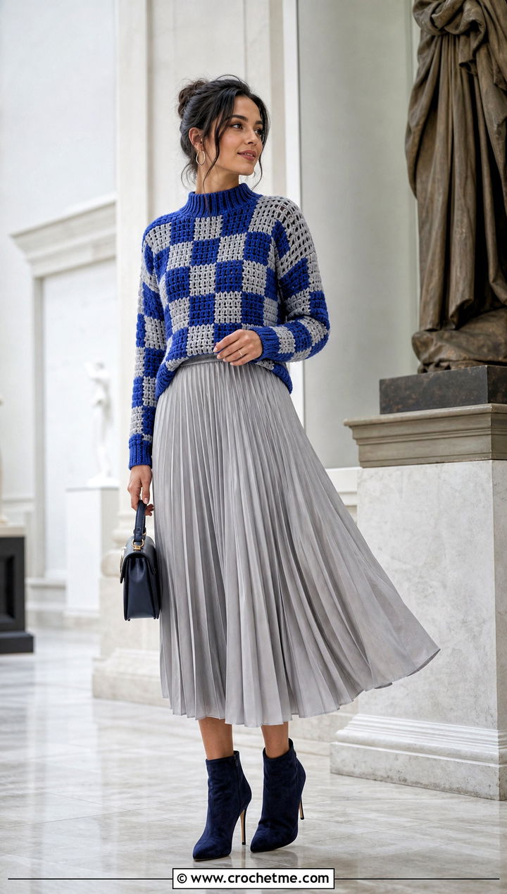 Mock Neck Crochet Checker Sweater With Pleated Skirt - 25 Crochet Checker Sweater outfit ideas