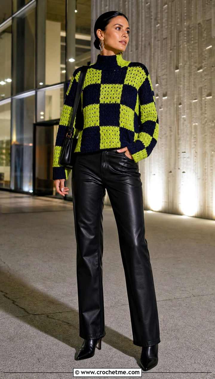 Mock Neck Crochet Checkered Sweater With Leather Pants - 30 crochet checkered sweater outfit ideas
