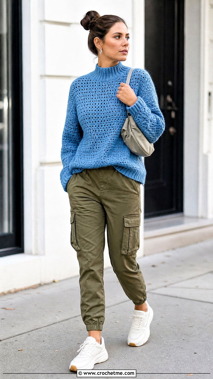 Mock Neck Crochet Chunky Sweater With Cargo Pants - 35 crochet chunky sweater outfit ideas