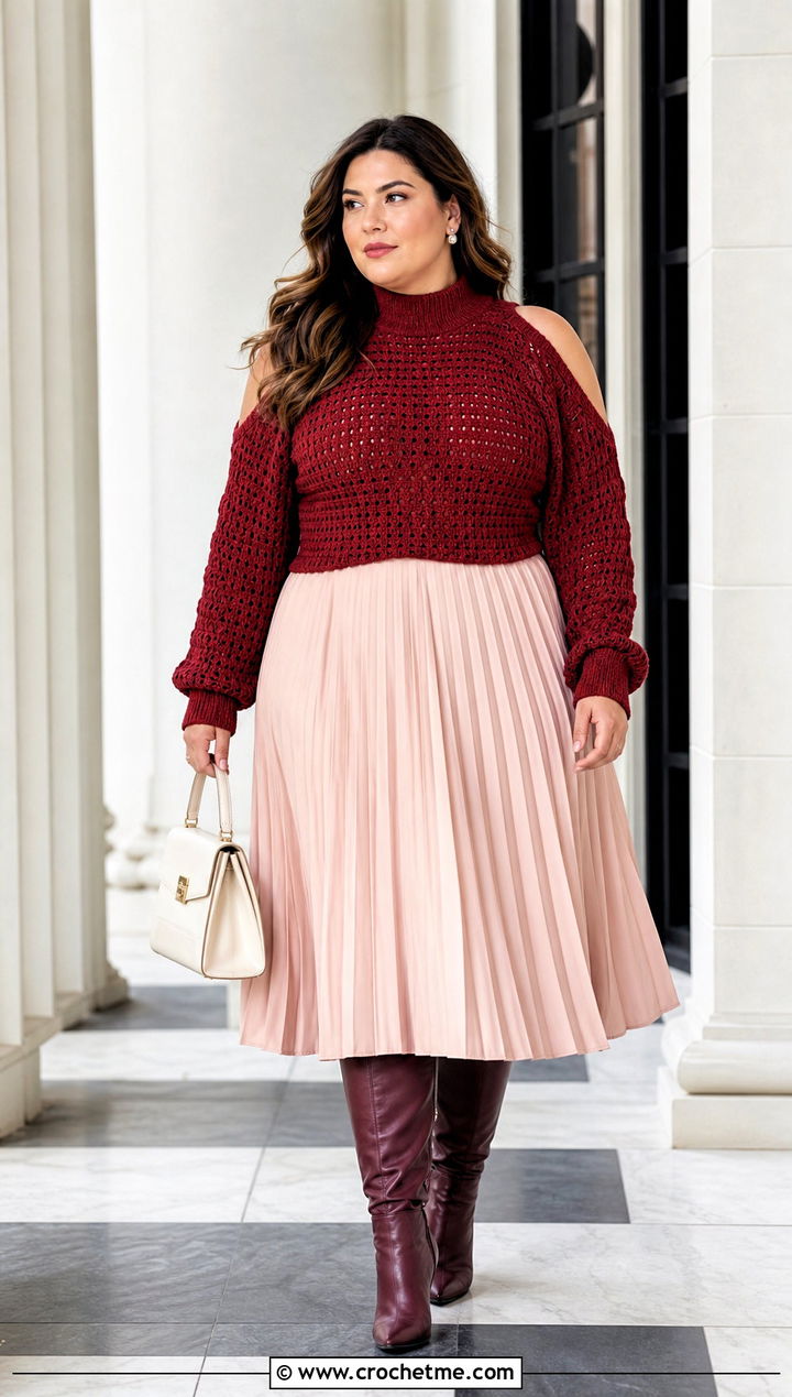 Mock Neck Crochet Cold Shoulder Sweater With Pleated Midi Skirt - 25 Crochet Cold Shoulder Sweater outfit ideas