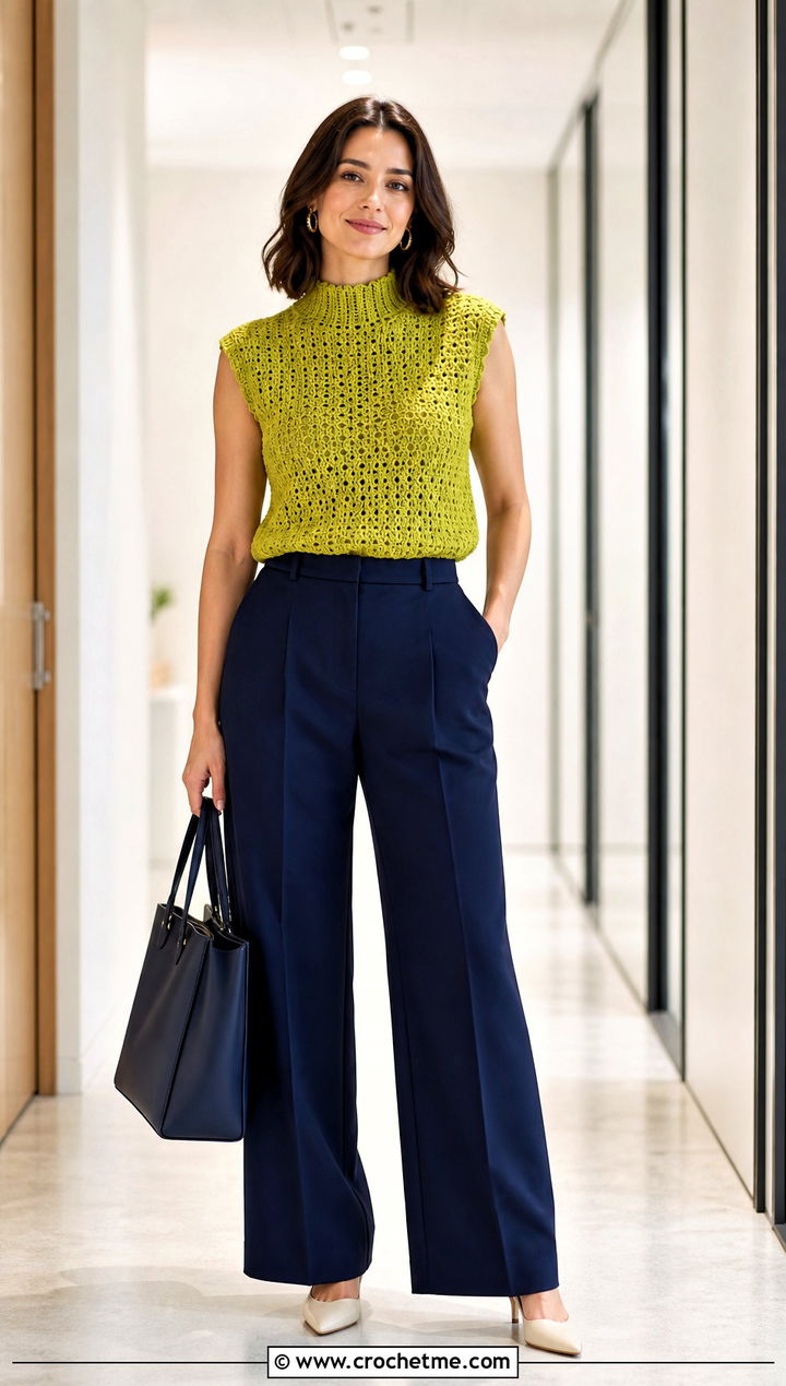 Mock Neck Crochet Collar Top With Wide Leg Trousers - 25 Crochet Collar Top outfit ideas