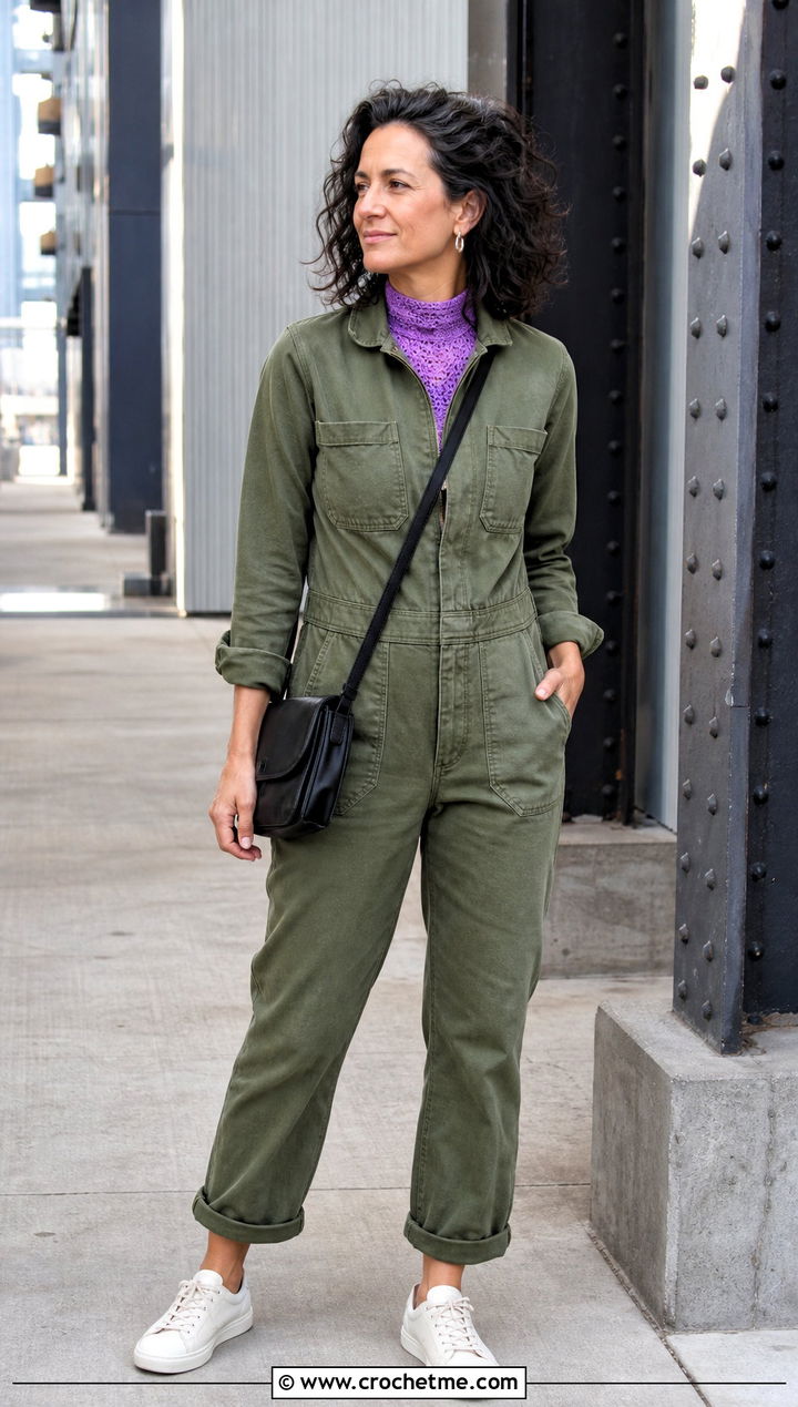 Mock Neck Crochet Collar With Utility Jumpsuit - 15 beginner crochet collar outfit ideas