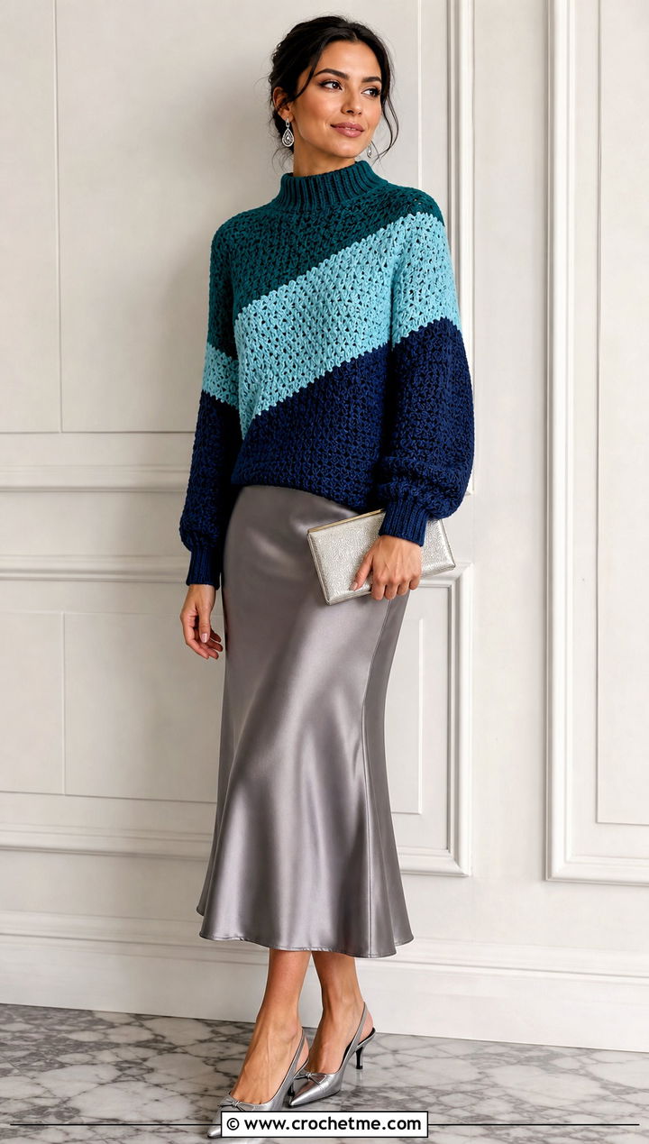Mock Neck Crochet Colorblock Sweater With Satin Midi Skirt - 30 crochet colorblock sweater outfit ideas