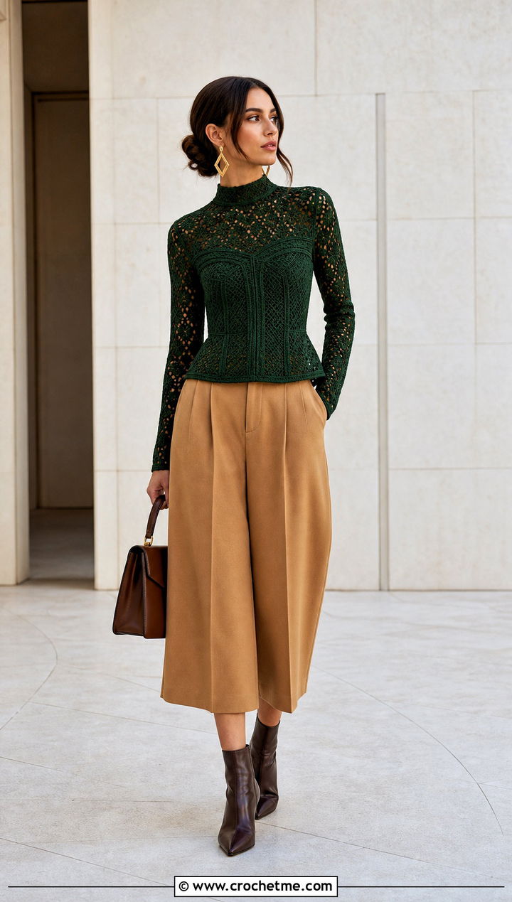 Mock Neck Crochet Corset Top With Culottes - 25 crochet corset top with sleeves outfit ideas