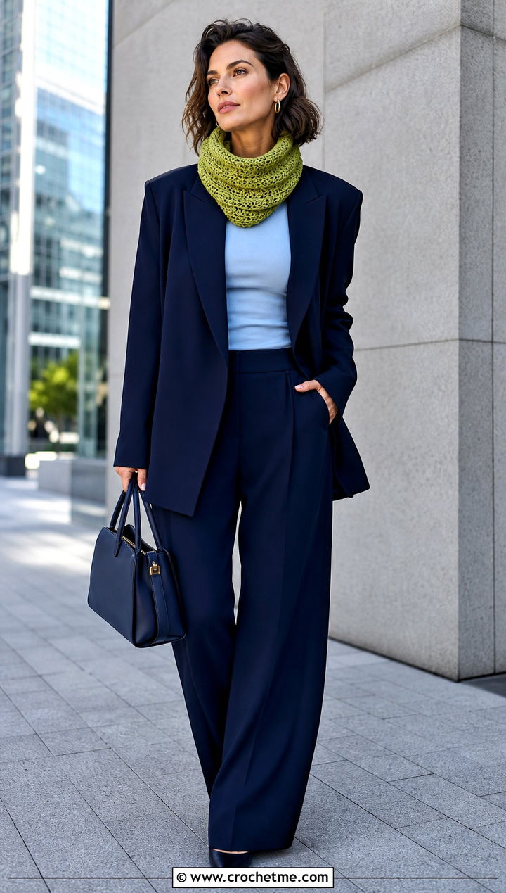 Mock Neck Crochet Cowl Scarf With Pantsuit - 25 Cowl Neck Crochet Scarf outfit ideas