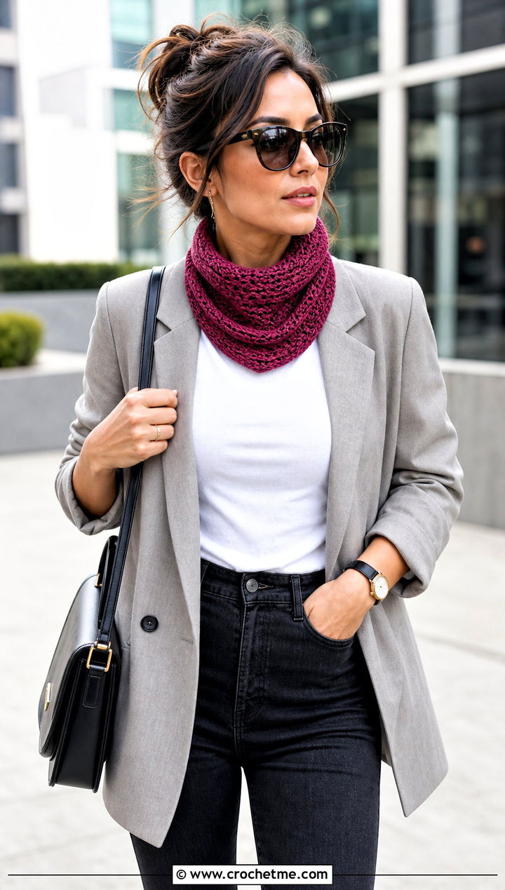 Mock Neck Crochet Cowl With Blazer And Jeans - 25 Crochet Turtleneck Cowl outfit ideas