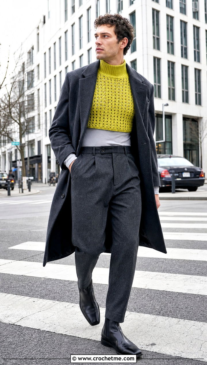 Mock Neck Crochet Crop Top With Wool Trousers - 25 Men Crochet Crop Top outfit ideas