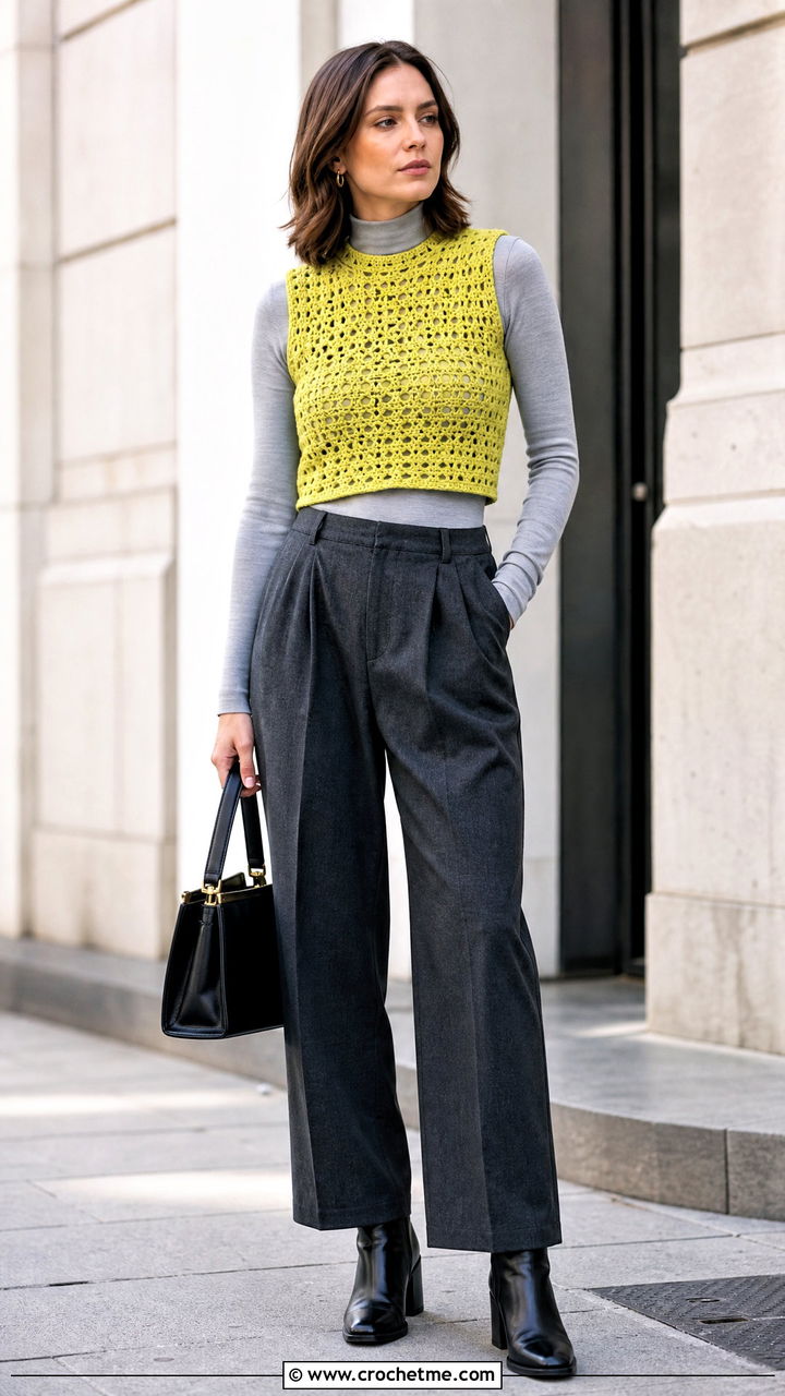 Mock Neck Crochet Crop Top With Wool Trousers - 35 crochet crop top outfit ideas