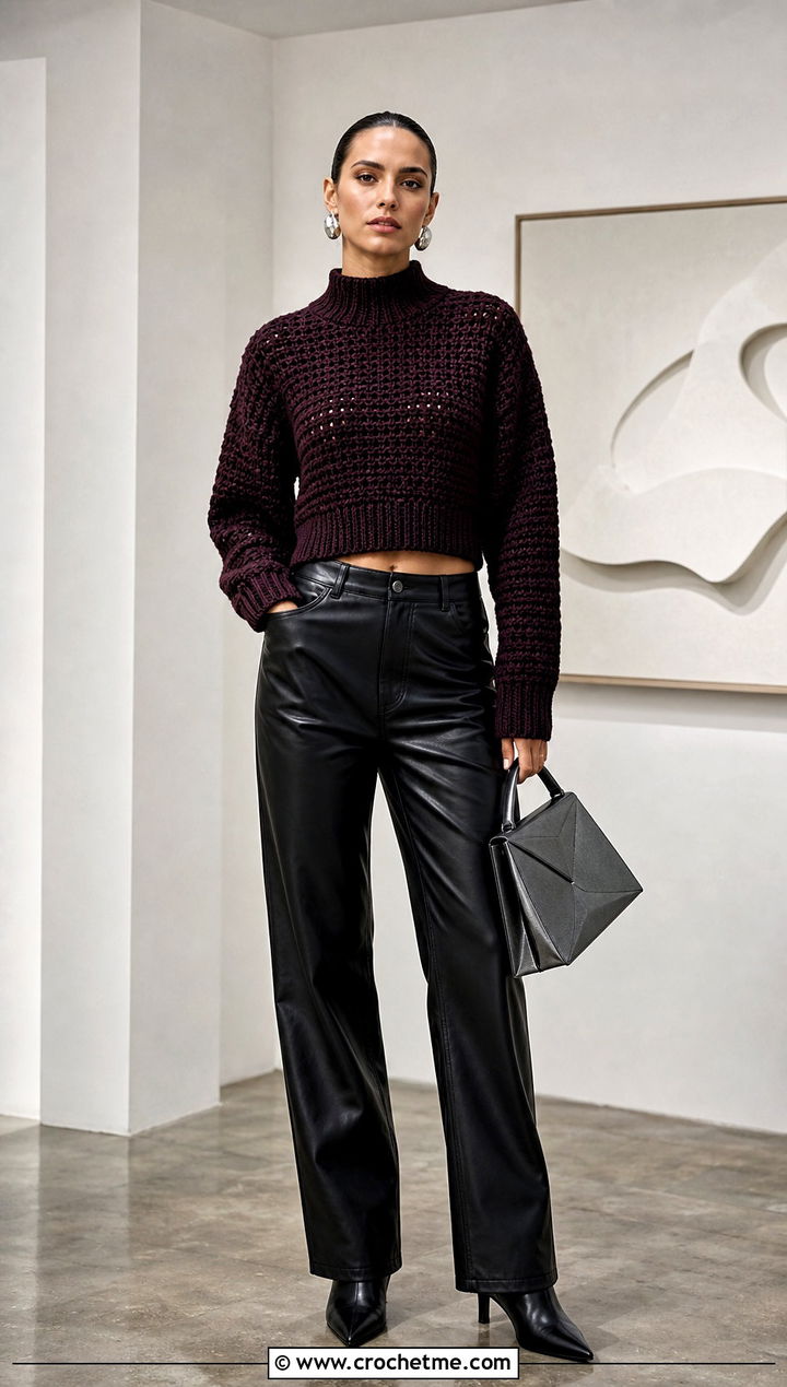 Mock Neck Crochet Cropped Jumper With Leather Pants - 30 crochet cropped jumper outfit ideas