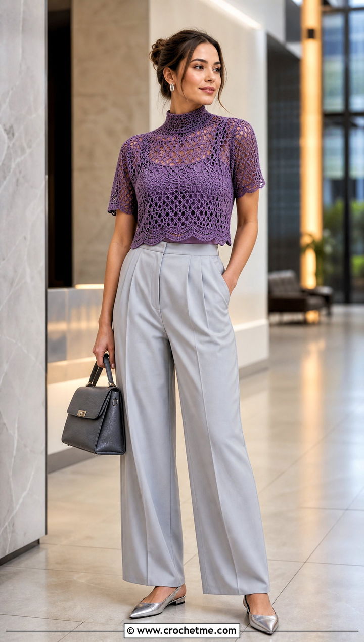 Mock Neck Crochet Cropped Shirt With Pleated Trousers - 30 crochet cropped shirt outfit ideas