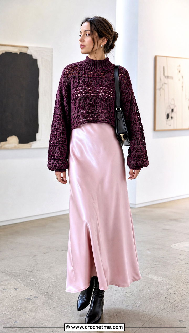 Mock Neck Crochet Cropped Sweater With A Slip Dress - 20 Easy Crochet Cropped Sweater outfit ideas
