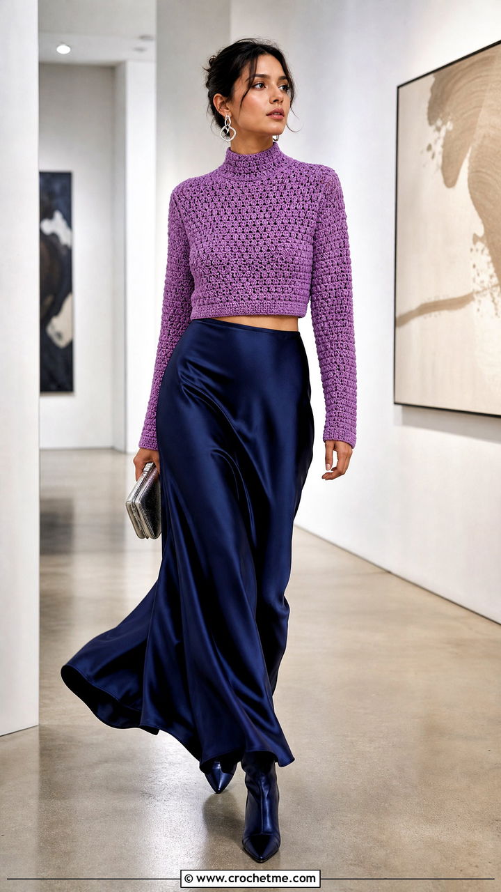 Mock Neck Crochet Cropped Sweater With Maxi Skirt - 35 crochet cropped sweater outfit ideas