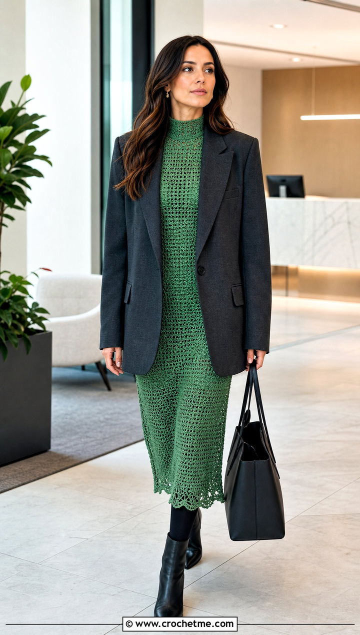 Mock Neck Crochet Dress With Blazer - 30 crochet dress for winter outfit ideas