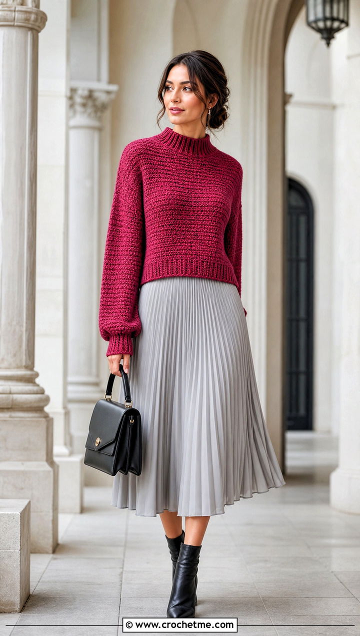 Mock Neck Crochet Drop Shoulder Sweater With Pleated Midi Skirt - 30 crochet drop shoulder sweater outfit ideas