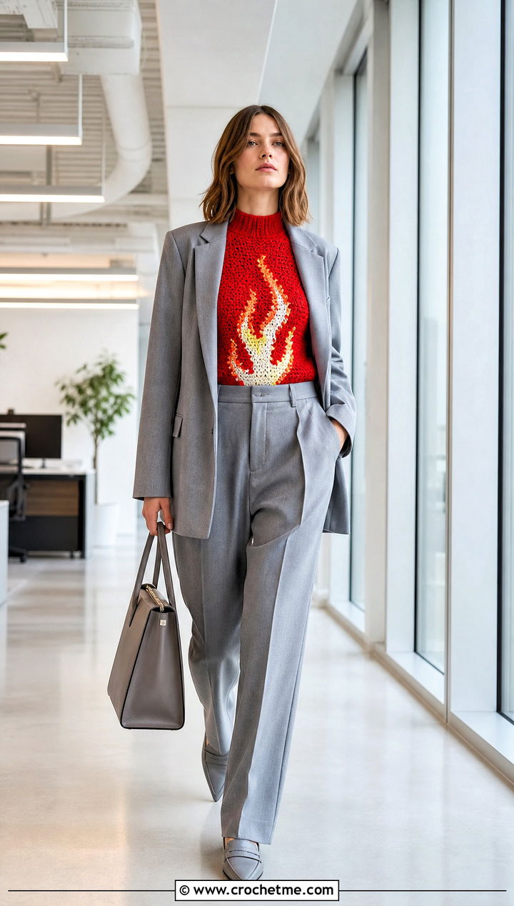 Mock Neck Crochet Fire Sweater With Relaxed Suit - 25 Crochet Fire Sweater outfit ideas