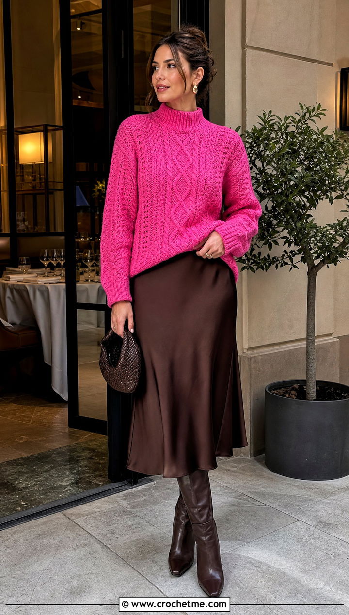 Mock Neck Crochet Fisherman Sweater With Satin Midi Skirt - 25 crochet fisherman sweater outfit ideas