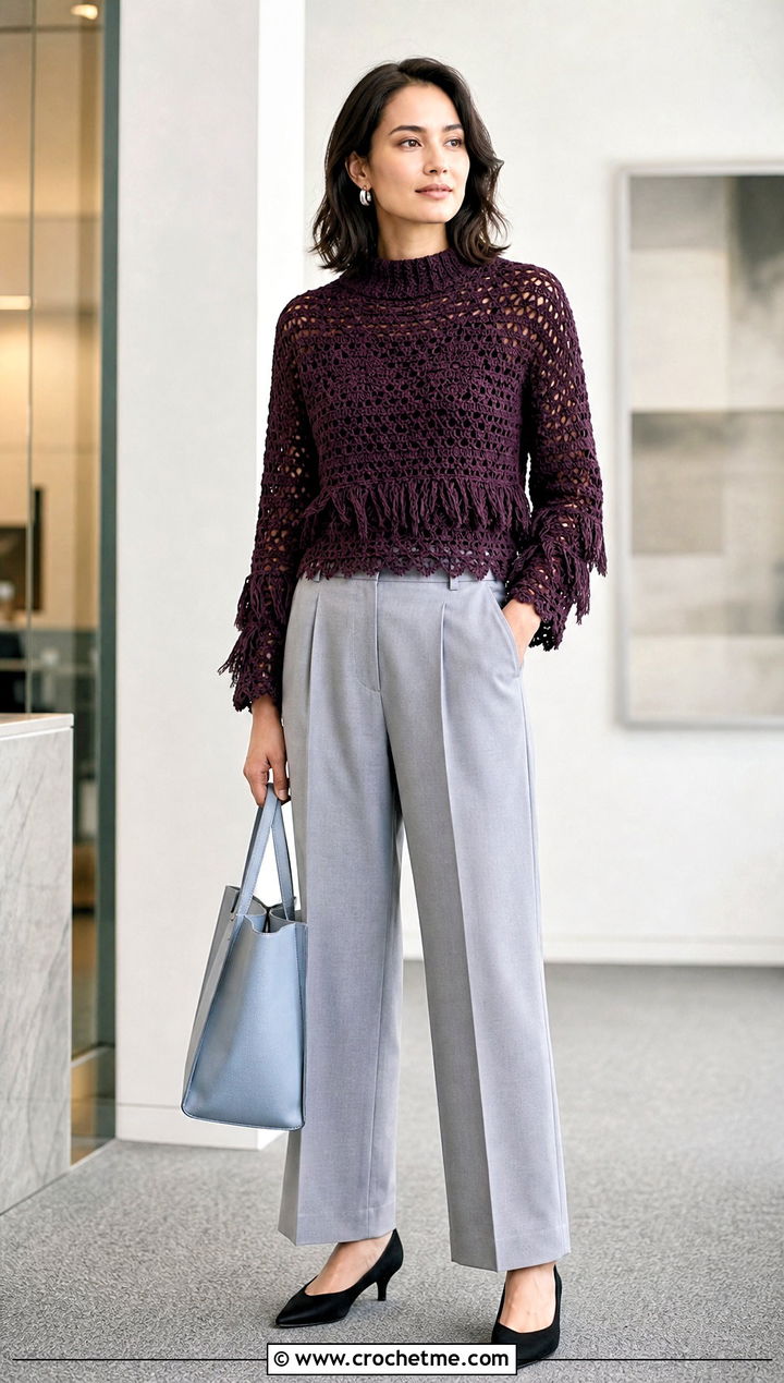 Mock Neck Crochet Fringe Sweater With Pleated Pants - 20 Crochet Fringe Sweater outfit ideas