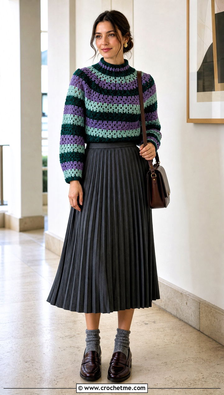 Mock Neck Crochet Granny Stripe Sweater With Pleated Midi Skirt - 25 Crochet Granny Stripe Sweater outfit ideas