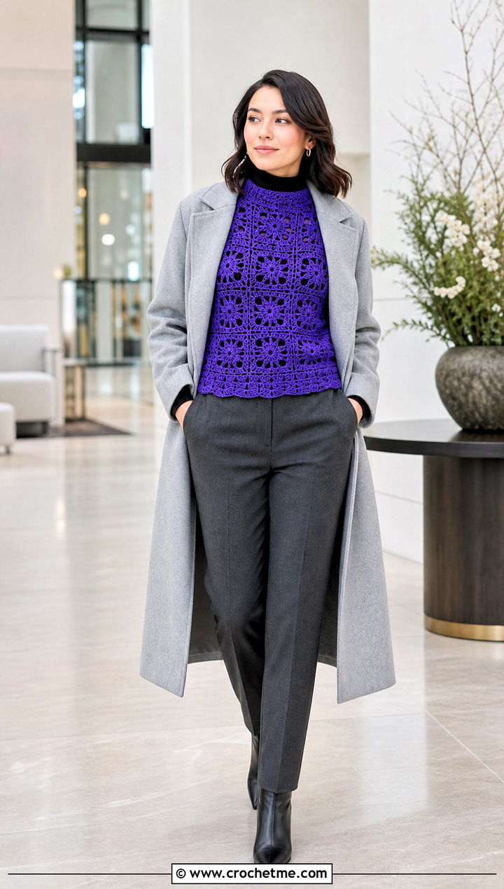 Mock Neck Crochet Granny Top With Wool Trousers - 25 crochet granny top outfit ideas