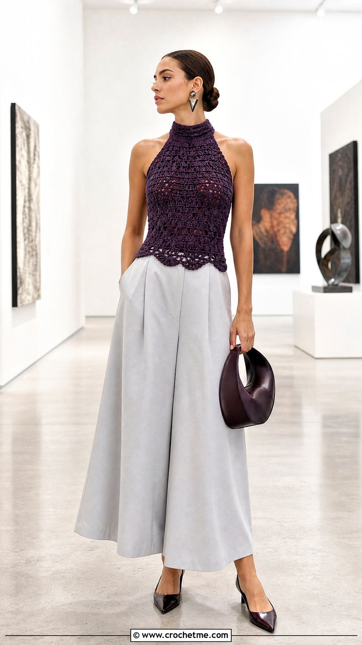 Mock Neck Crochet Halter Top With Culottes - 35 crochet halter top outfit ideas