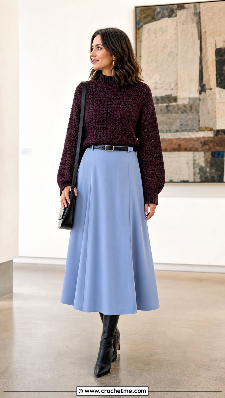 Mock Neck Crochet Jumper With A Line Midi Skirt - 25 crochet jumper for women outfit ideas