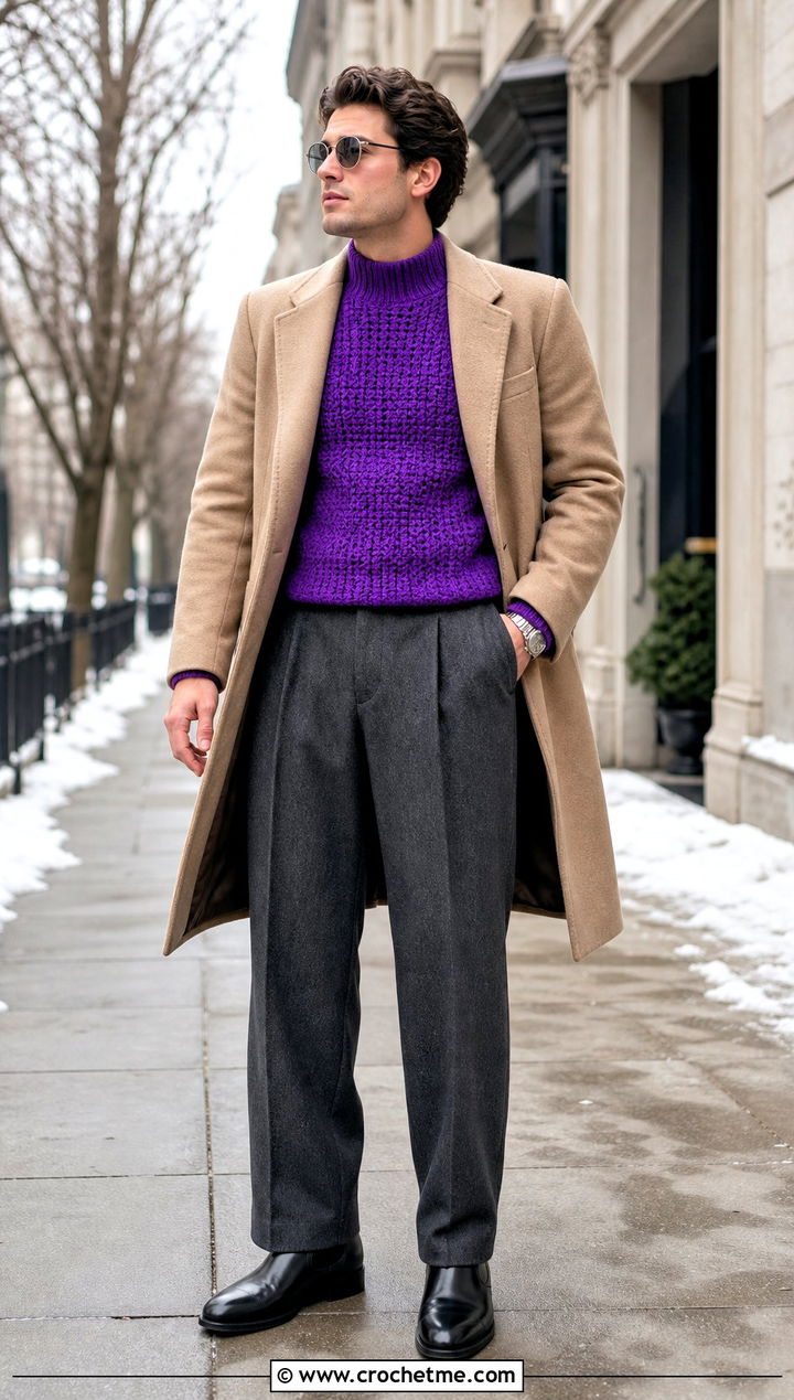 Mock Neck Crochet Jumper With Wool Coat - 35 men crochet jumper outfit ideas