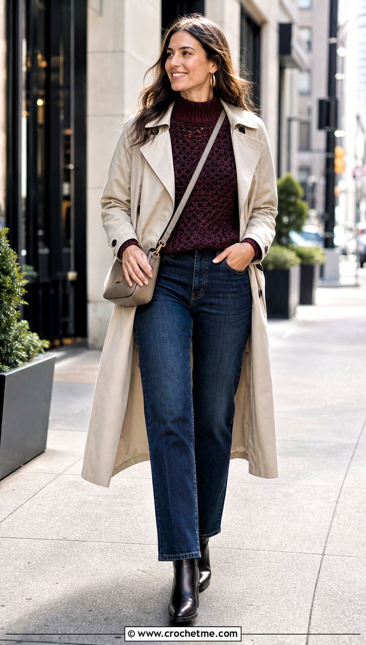 Mock Neck Crochet Jumper With a Trench Coat - 15 Ladies Crochet Jumper outfit ideas