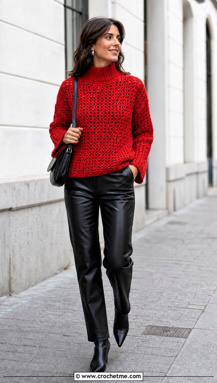 Mock Neck Crochet Knit Sweater With Leather Pants - 35 Crochet Knit Sweater outfit ideas
