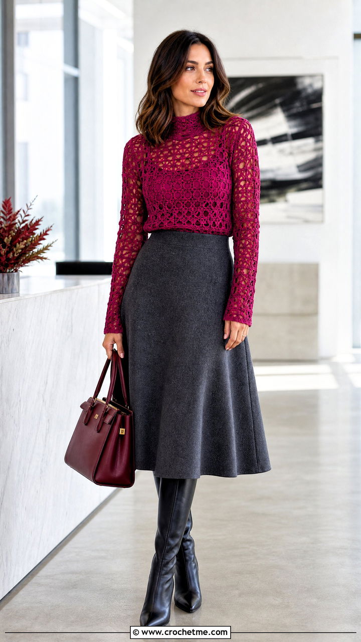 Mock Neck Crochet Long Sleeve Top With A Line Skirt - 35 crochet long sleeve top outfit ideas
