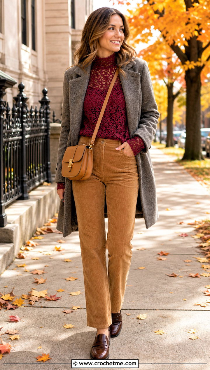 Mock Neck Crochet Long Sleeve Top With Corduroy Pants - 25 aesthetic long sleeve crochet tops outfit ideas