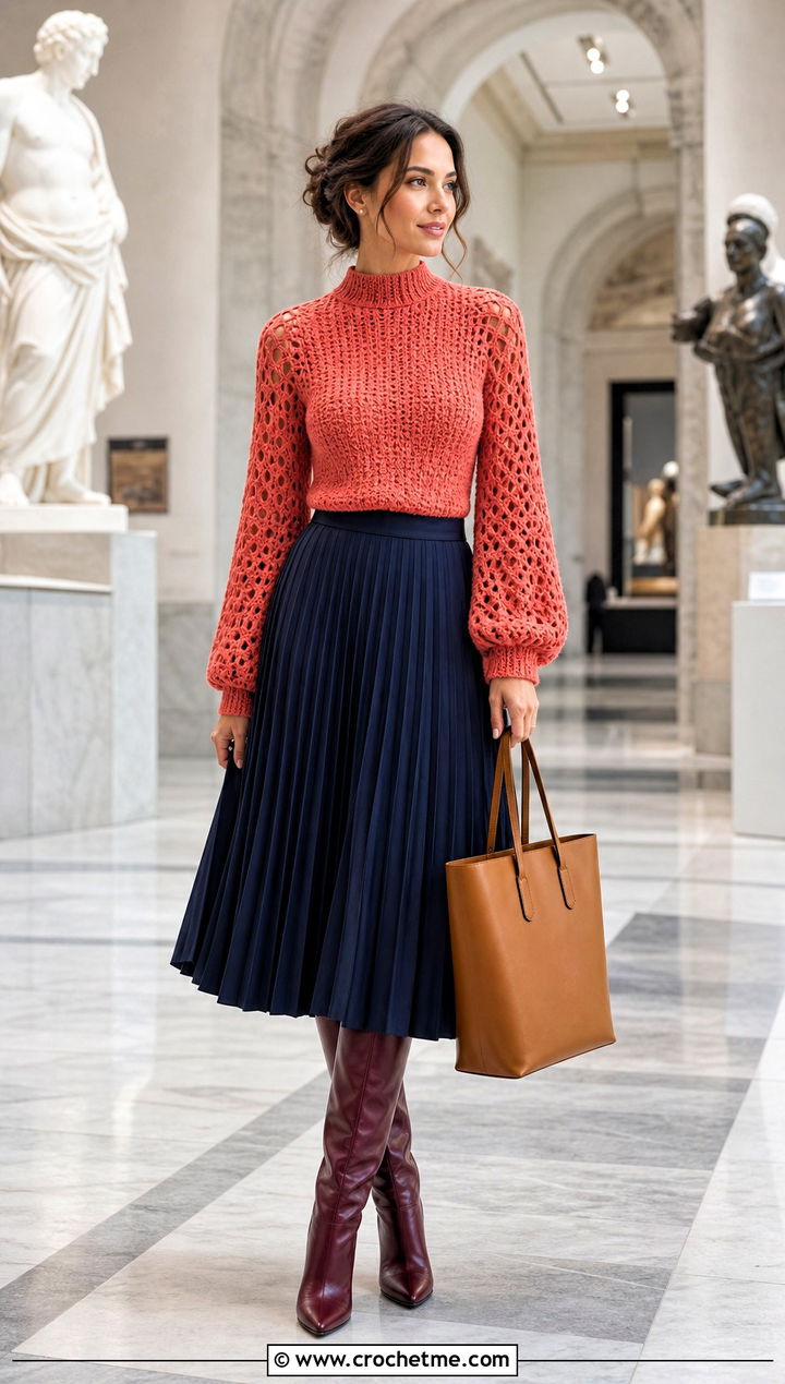 Mock Neck Crochet Long Sleeve Top With Pleated Midi Skirt - 35 crochet long sleeve tops outfit ideas