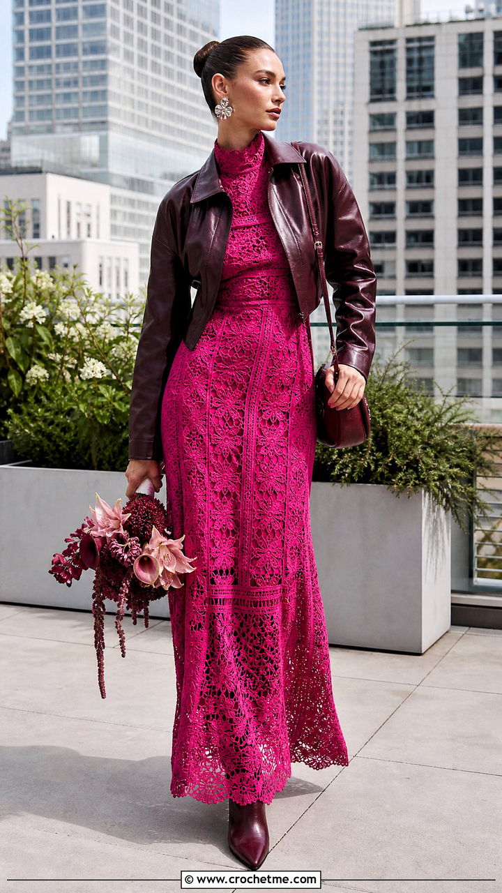 Mock Neck Crochet Maxi Dress With Leather Jacket - 35 crochet wedding dress outfit ideas