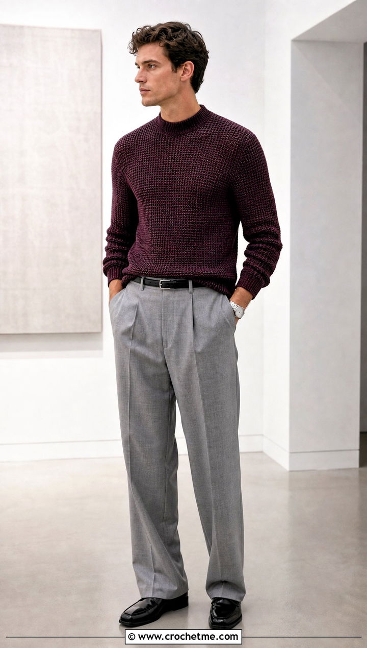 Mock Neck Crochet Mens Pullover With Suit Trousers - 15 crochet mens pullover outfit ideas
