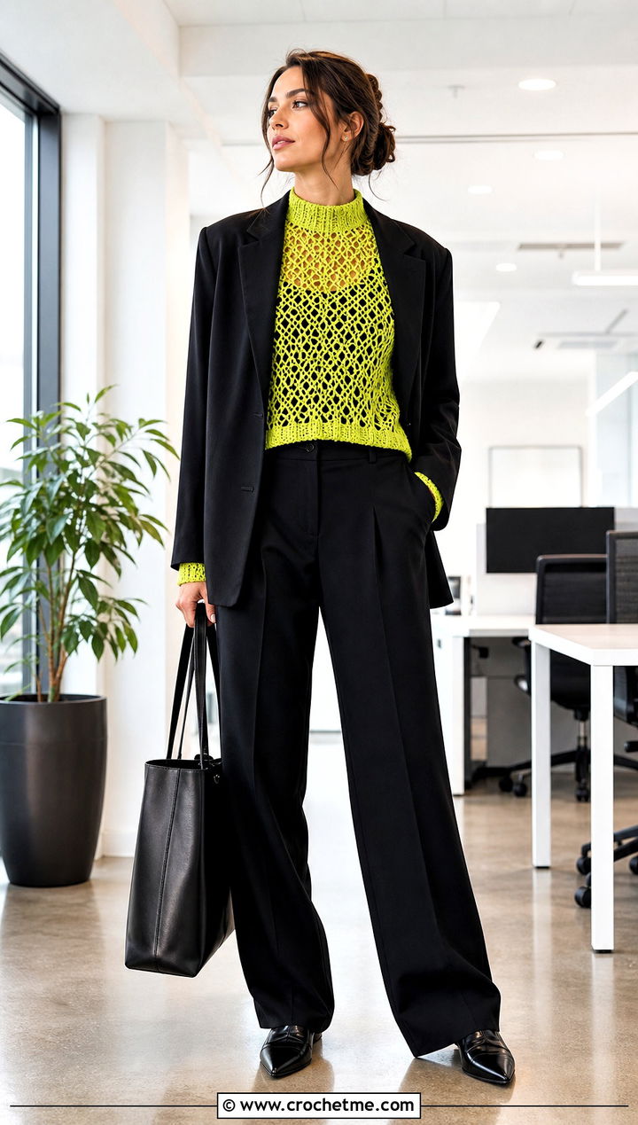 Mock Neck Crochet Mesh Sweater With A Trouser Suit - 35 oversized crochet mesh sweater outfit ideas